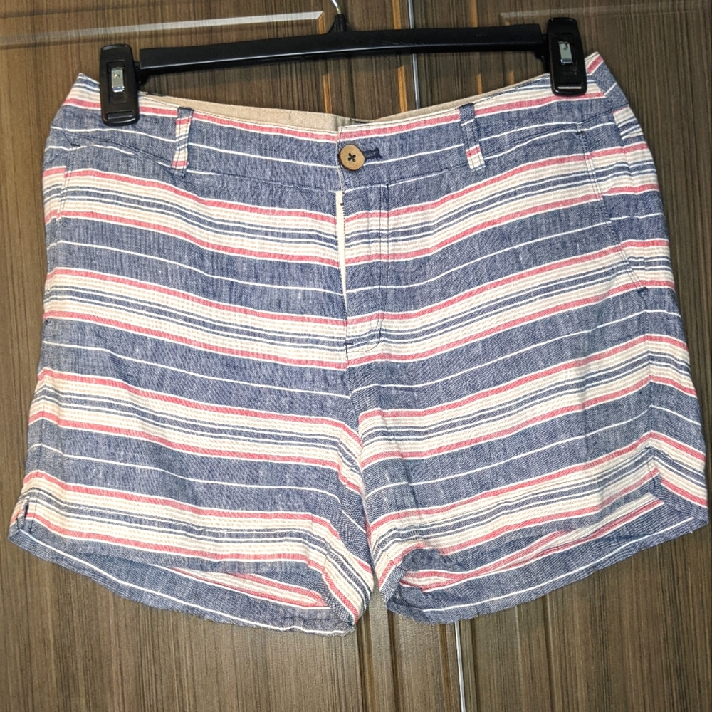 British Khaki Striped 100% Linen Women's Shorts, 6